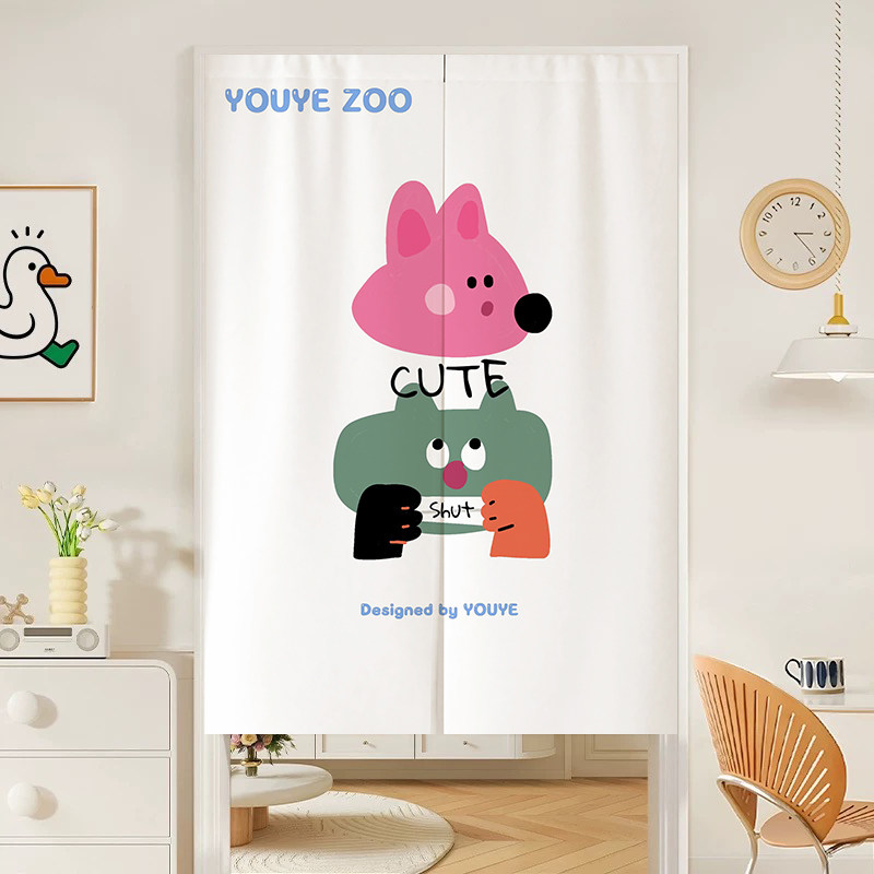 Commercial Window Printing - VIKAMA ผ้าม่านประตูโนเรนลายการ์ตูนชีสสีชมพู แบบเวลโคร ไม่ต้องเจาะ สำหรับห้องครัว คาเฟ่