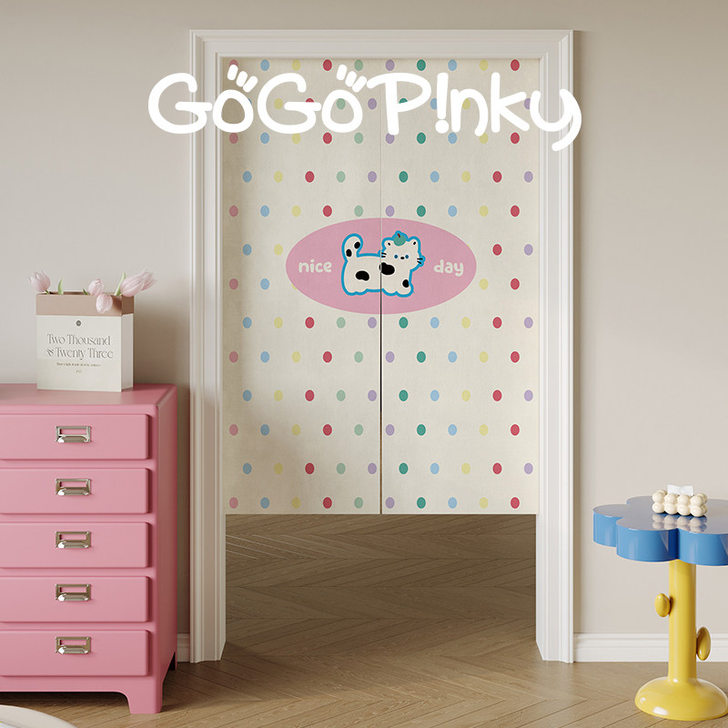 Commercial Window Printing - ม่านประตู VIKAMA สีชมพู-ฟ้า ลายตาราง แบบ Noren