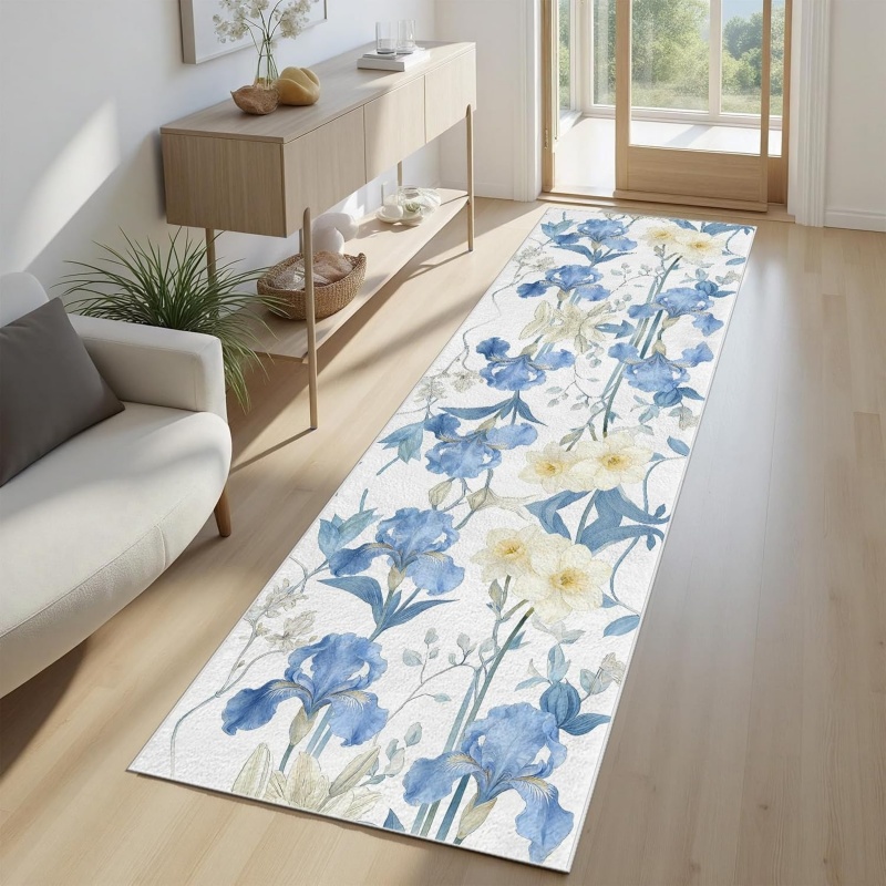 Hall Commercial Printing - พรมลายดอกไม้สีน้ำเงินไอริส พรมปูพื้นลายดอกไม้ฤดูใบไม้ผลิ ดีไซน์หรูหรา แผ่นรองกันลื่น สำหรับห้องนอน ข้างเตียง